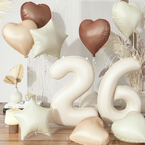 PRICES MAY VARY. 💕 Cream Number 26 Balloons Set: Our foil balloons package include 40 inch sand white number 26 balloons (2pcs), 18 inch beige heart balloons (2pcs), 18 inch nude heart balloons (2pcs), 18 inch brown heart balloons (2pcs), 18 inch cream star balloon (2pcs), 10m ribbon(1 roll). With their boho styal colors and charming heart star shape, they can add love and joy to birthday party, weddings, anniversary and so on. 💕 High Quality Materials: The beige number 26 balloon, sand white Cream And Gold Birthday Decorations, Classy Birthday Themes For Women, Classy Bday Decor, Fun Birthday Themes For Adults Women, Brown And Gold Birthday Decorations, Simple 40th Birthday Decorations, 24th Birthday Decorations For Her, Birthday Apartment Decorations, Beige Birthday Decorations