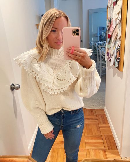 White eyelet ruffle sweater! Runs true to size Eyelet Sweater, Colorful Clothing, Ruffle Sweater, White Eyelet, Fall Style, Classic Outfits, Colourful Outfits, Autumn Fashion, Long Sleeve Blouse