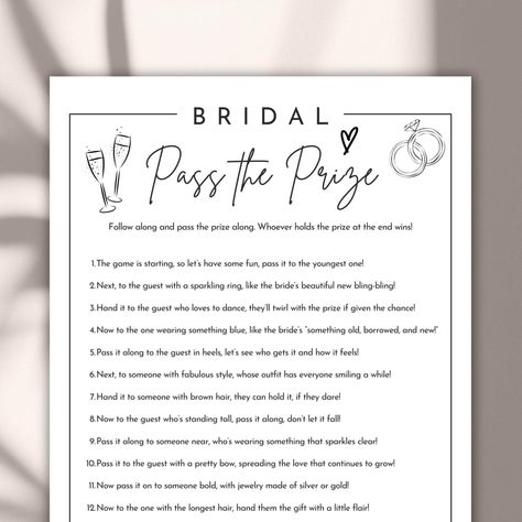 Bridal Shower Pass the Prize Game | Fun Bridal Shower Activity | Rhyming Pass the Gift Game | Bridal Shower Printable | Instant Download | Gender Neutral Make your bridal shower extra special with this exciting Pass the Prize Game! This fun, interactive game is perfect for keeping guests entertained as they pass a gift around the room based on charming, rhyming prompts. It's an ideal icebreaker, adding laughter and engagement to your bridal shower celebration. Whether you're hosting a traditiona Bridal Shower Games Gifts, Pass The Gift Bridal Shower Game, Pass The Prize Bridal Shower Game, Bridal Shower Activities Not Games, Bridal Shower Games Funny Interactive, Gift Passing Game, Pass The Prize Game, Pass The Gift Game, Bridal Shower Games Unique