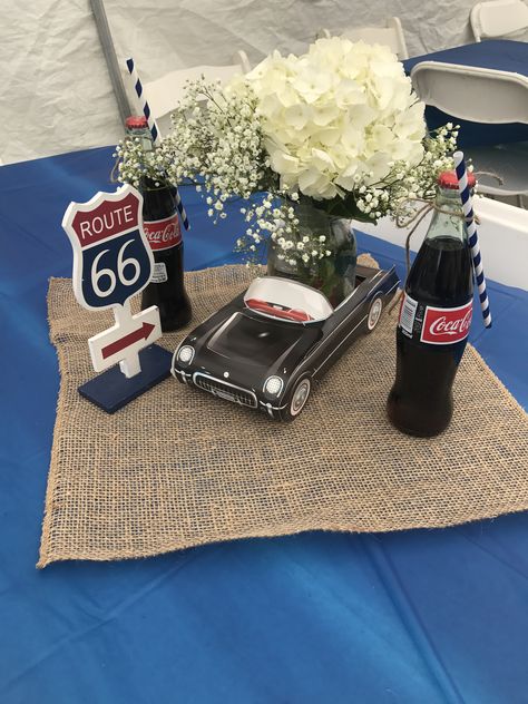 Classic Car Decorations Party, 50th Birthday Party Ideas For Men Classic Cars, Chevrolet Birthday Party Ideas, Classic Car Birthday Party Ideas For Men, Classic Car Party Decorations, Old Car Themed Party, Classic Car 70th Birthday Party, Classic Car 60th Birthday Party, 60th Birthday Classic Car Theme