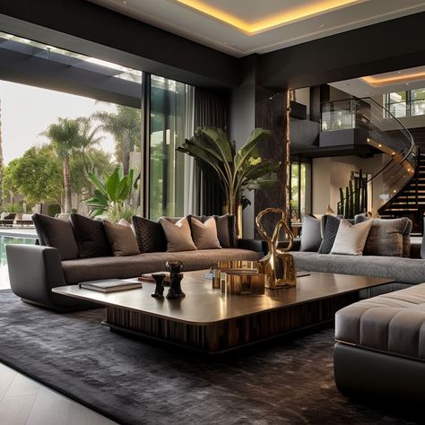 The modern furniture in the living room, set against white walls, accentuates the house’s contemporary aesthetic. Dark Deco, Luxurious Living Rooms, Interrior Design, Luxe Living Room, White Lounge, Led House, Piano Room, Inspire Me Home Decor, Mansion Interior