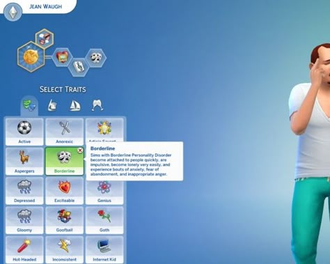 Mod The Sims: Borderline Personality Disorder Custom Trait by miceylulu • Sims 4 Downloads Sims 4 Psychologist, Sims 4 Disorder Traits, Sims 4 Cc Traits Disorder, Sims 4 Personality Traits, The Sims 4 Mod, Sims Traits, Los Sims 4 Mods, Salford City, Sims 4 Traits