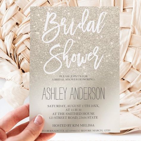 $2.92 | pearl ivory glitter ombre metallic bridal shower #brush hand lettering, typography, bridal shower, ombre gradient, luxurious calligraphy typography, sparkles, pearl ivory glitter, gold metallic, foil, luxury Glam Bridal Shower Ideas, Pearl Theme, Hand Lettering Typography, Glitter Bridal Shower, Brunch Bubbly, Shower Brush, Foil Design, Ombre Wedding, Calligraphy Typography