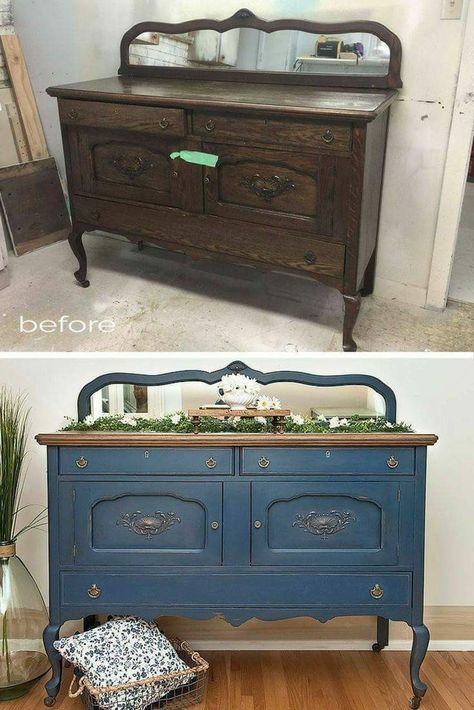 Vintage Buffet Makeover, Blue Buffet, Buffet Makeover, Salvaged Inspirations, Vintage Buffet, Bunker Hill, Furniture Rehab, Gel Stain, Furniture Renovation