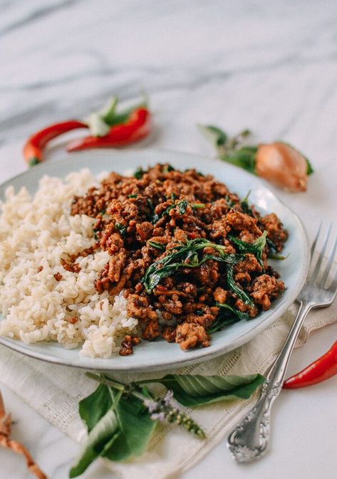 Pork and Holy Basil Stir-fry (Pad Kra Pao), by thewoksoflife.com Pao Recipe, Pad Kra Pao, Thai Basil Beef, Chicken Basil, Wok Of Life, Woks Of Life, The Woks Of Life, Recipes Asian, Stir Fry Dishes