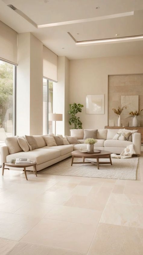 Beige Tiles Living Room, Stone Flooring Living Room, Beige Flooring, Apartment 2023, Sf Apartment, Tiles Living Room, Neutral Interior Design, Minimalist Living Room Ideas, Living Room Minimalist