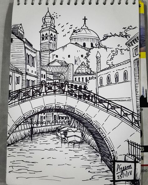 Micro pen sketch of Venice Micro Pen Sketch, Micro Pen Art Drawing, Pen Sketches Architecture, Quick Pen Sketches, Pen Sketch Landscape, Micro Pen Art, Drawing Pen Sketches, Sketches Of Places, Micron Pen Art Sketches