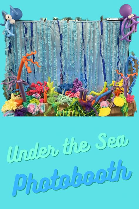 Ruffled streamers make waves on the backdrop, many different styles of faux coral make up the reef for this photo booth Diy Coral Reef, Sea Selfie, Diy Coral, Backdrop For Pictures, Photo Backdrop Stand, Photobooth Backdrop, Under The Sea Decorations, Foto Props, Bubble Birthday