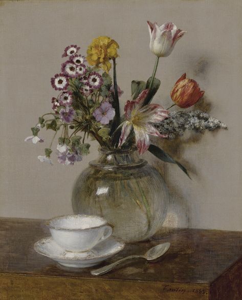 Henri Fantin-Latour. Fleurs de printemps avec une tasse et une soucoupe, 1865. Fantin Latour, Henri Fantin Latour, Painting Of Flowers, Coffee Cup Art, Flowers In A Vase, Vase Of Flowers, Cup Art, Oil Canvas, Spring Bouquet