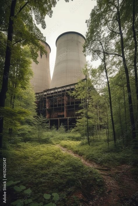 Abandoned Nuclear Plant, Nuclear Power Plant Aesthetic, Nuclear Power Plant Illustration, Polluted Forest, Apocalyptic Aesthetic, Toxic Environment, Nuclear Plant, Nuclear Power Plant, Plant Aesthetic