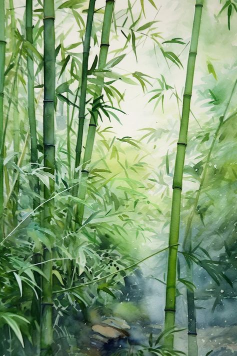 Bamboo Tree Watercolor, Bamboo Forest Painting, Bamboo Forest Aesthetic, Bamboo Forest Drawing, Bamboo Tree Painting, Bamboo Forest Illustration, Bamboo Aesthetic, Bamboo Mural, Bamboo Illustration