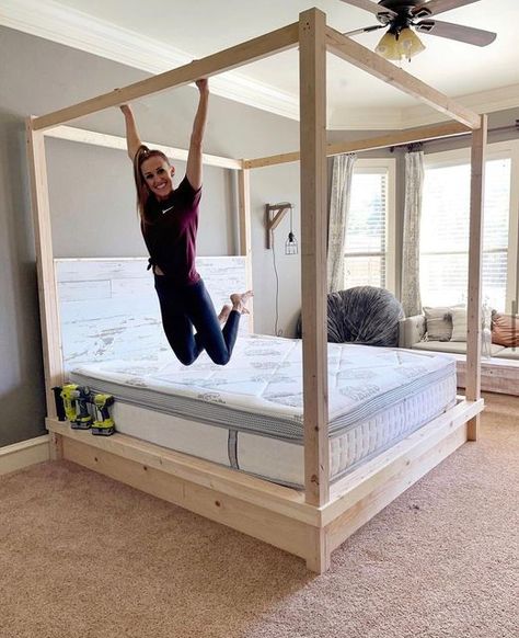 Shanty2Chic on Instagram: "I built this DIY King Canopy Bed for under $400 in lumber - thats less that 1/4 of retail price! This is a very simple build that also allows for any style of headboard! Get the free plans and how-to video now - link in our profile! #shanty2chic #canopybed #diyfurniture" Wood Canopy Bed Frame, Diy King Canopy Bed Frame, Wood Canopy Bed Ideas, Diy Canopy Bed Frame, Diy Canopy Bed, Diy Bed Frame Plans, Post Bed Frame, Diy King Bed, Diy King Bed Frame