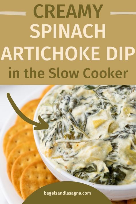 This is an easy recipe for Crockpot Spinach Artichoke Dip that you make in the slow cooker and doesn't contain mayo. It tastes just like an Applebees' or Olive Garden copycat. Serve hot with crackers, it is cheesy, creamy and delicious. Hot Spinach And Artichoke Dip Crockpot, Crock Pot Spinach Artichoke Dip Easy, Lipton Spinach Dip Recipe, Crockpot Spinach Artichoke Dip, Spinach Artichoke Recipes, Slow Cooker Spinach Artichoke Dip, Crockpot Spinach, Dip Recipes Crockpot, Spinach Dip Easy