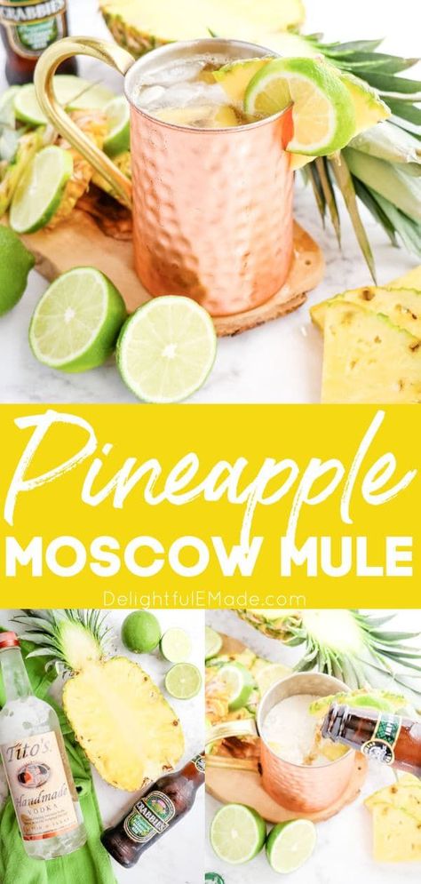 Wondering how to make a Moscow Mule cocktail? It’s actually quite simple! All you need for this fresh, delicious homemade Pineapple Moscow Mule is 5 easy ingredients. Pour into a frosty copper mug, and you’ll have an amazing cold cocktail! || Delightful E Made Mules Cocktail Recipes, Pineapple Mule Drink Recipes, Pineapple Mule Recipe, Virgin Moscow Mule Recipe, Spring Moscow Mule Recipe, Easter Mule Cocktail, Italian Mule Cocktail, Summer Mules Cocktail Recipes, Caribbean Mule Recipe