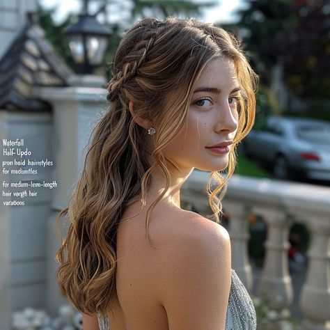 Fairy Hairstyles Medium Hair, Half Updo For Wedding Guest, Fancy Hairstyles Medium Hair, Hairstyle For Prom Night Medium Hair, Dress Hairstyles For Medium Hair, Hair Styles For Medium Hair Wedding, Medium Length Hairstyle For Wedding, Half Updo Medium Hair, Waterfall Braid Half Up Half Down