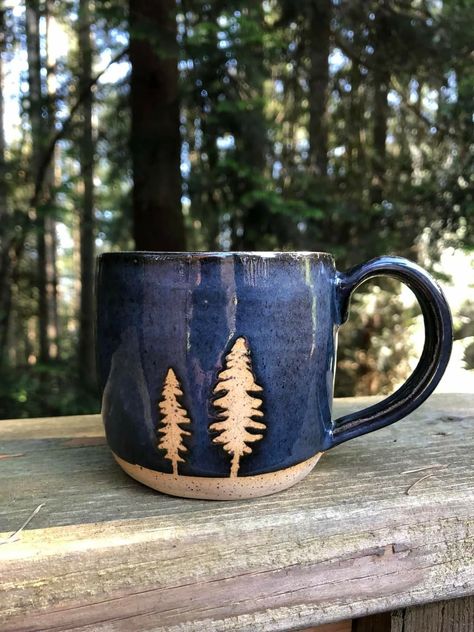 Pottery Wax Resist, Wax Resist Ceramics, Colored Slip Pottery, Beginner Pottery Wheel Projects, Wax Resist Pottery, Pottery Throwing, Ceramics Pottery Mugs, Tree Mug, Pottery Patterns