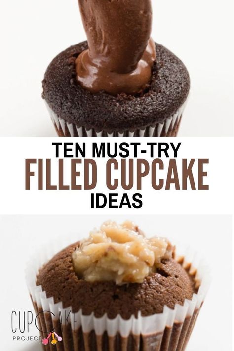 Cheesecake Stuffed Cupcake Recipes, Cookies And Cream Filled Cupcakes, Brownie Batter Cupcake Filling, Ganache Filling For Cupcakes, Frosting Inside Cupcakes, Filling Ideas For Cupcakes, Chocolate Cupcake Filling Recipes, Chocolate Filled Cupcake Recipes, Cupcake Recipes Wedding