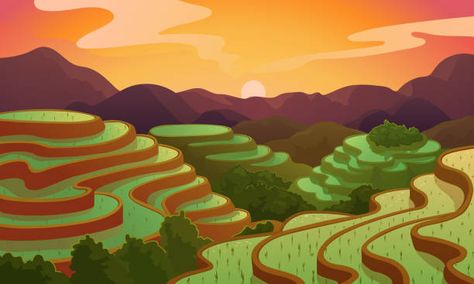 Filipino Food Illustrations, Royalty-Free Vector Graphics & Clip Art - iStock Rice Terraces Philippines Drawing, Rice Terraces Painting, Banaue Rice Terraces Drawing, Rice Terraces Drawing, Philippines Landscape, Nemanja Vidić, Vector Landscape, Landscape Vector, Chinese Rice