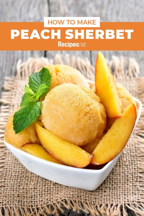 65 mins. · Serves 4 · An incredible dessert made with peaches! Delicious and light, this Peach Sherbet is sure to be a crowd pleaser with it's rich taste and fluffy mouthfeel. Serve it for summer with this recipe. #Recipes #Food #Crave #Tasty #Yummy #Delicious #FoodTrip #FoodLover #Recipes.net #foodporn #Cook #Cooking #Foodie #foodblog #homemade #peachrecipes #dessertrecipes #summerrecipes Peach Sherbet Recipe, Glazed Icing Recipe, Peach Sorbet Recipe, Sherbet Recipes, Breakfast Appetizers, Palate Cleanser, Peach Sorbet, Creamy Coffee, Fruit Cobbler