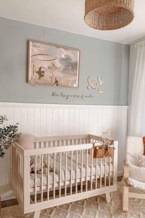 Here, we'll look at the most stunning nursery accent wall colors to ensure your feature wall sings out. Wall Panels Nursery, Neutral Nursery With Panelling, Half Wall Nursery Ideas, Shiplap Wall In Nursery, Vertical Shiplap Wall Nursery, Bead Board Wall Nursery, Shiplap In Nursery, Vj Panelling Nursery, Wood Panel Accent Wall Nursery