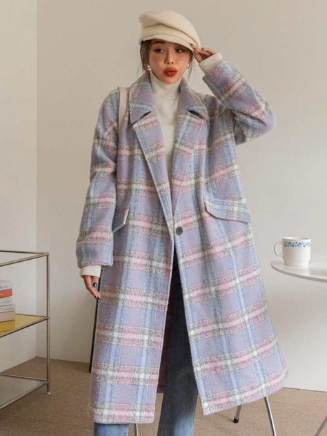 DAZY Plaid Lapel Neck Single Button Overcoat | SHEIN USA Dazy Shein Outfit, Dazy Shein, Lapel Coat, Longline Coat, Shein Outfits, Women Overcoat, Wool Peacoat, Unique Boutique, Fashion Design Sketches