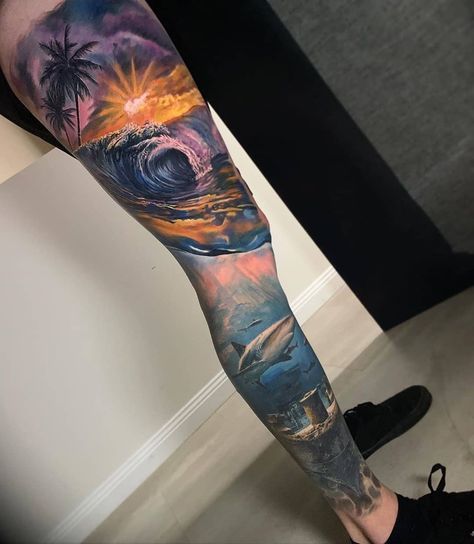 Ocean Tattoos Ideas, Ocean Theme Tattoos, Big Tattoos, Ocean Sleeve Tattoos, Underwater Tattoo, Ocean Sleeve, Famous Tattoo Artists, History Tattoos, Ocean Tattoos