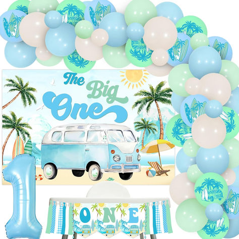 Surf 1st Birthday Decorations for Boy Girl - Blue and Green The Big One Surf Birthday Balloon Garland with High Chair Banner, Backdrop, Number 1 Foil Balloons, Beach Surfing First Bday Party #ad #thebigone #firstbirthday #firstbirthdayparty #firstbirthdaypartysupplies #firstbirthdaypartyideas #firstbirthdaypartytheme #surfparty #birthday Surf Themed First Birthday, The Big One Surf Birthday Decorations, 1st Birthday Balloon Garland, The Big One Surf Birthday Balloon Arch, First Birthday Surf Theme, Surf 1st Birthday, The Big One Surf Birthday, Surf Birthday Invitations, Birthday Balloon Garland