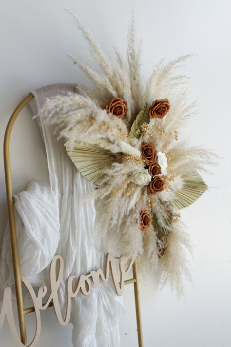 Coffee Rose Pampas Grass Arrangement for your event wall backdrop, wall decor, salon decor, entry signage decor, bridal shower, baby shower decor boho Diy Feather Decor, Feather Decor, Rustic Theme, Wall Backdrops, Pampas Grass, Salon Decor, Fireplace Decor, Bridal Shower Decorations, Baby Shower Decorations