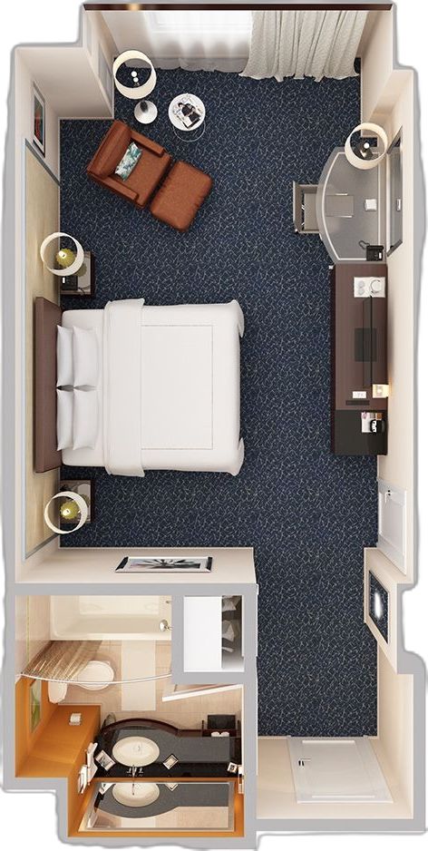 Mini Guest Room, Guest Room Amenities, Guest Room Layout, Hotel Room Layout, Hotel Room Ideas, Hotel Room Plan, Hotel Room Design Plan, Small Hotel Room, Apartemen Studio