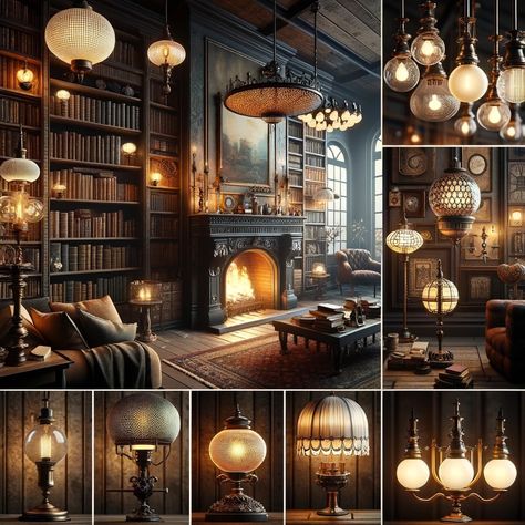 Dive into the enchanting world of dark academia decor! Discover how vintage lighting and eclectic elements create a cozy, intellectually stimulating home library. Perfect for lovers of unique design and classic literature. 🕯📚 #DarkAcademia #HomeDecor #VintageStyle #InteriorDesign #CozySpaces #LiteratureLovers #WhimsicalDecor https://loluty.com/2024/06/05/the-role-of-vintage-lighting-in-dark-academia-decor/ Dark Academia Lighting, Dark Academia House Aesthetic, Library Room Aesthetic, Formal Living Room Alternative, Fireplace And Shelves, Modern Dark Academia, Light Academia Room, Dark Academia Interior, Light Academia Decor