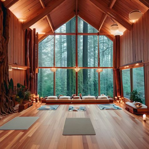 Rustic Yoga Studio, Home Yoga Studios, Retreat Space Ideas, Green Meditation Room, Greenhouse Yoga Studio, Home Yoga, Wellness Facility, Holistic Wellness Center Design, Cozy Yoga Studio