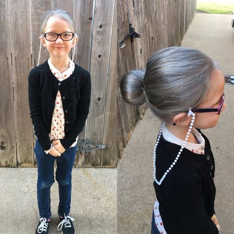 Granny Hairstyles For Kids, Easy 100 Days Of School Ideas Dress Up, Old Person Costume For Kids 100th Day, 100 Day Of School Grandma Outfit, Diy 100th Day Of School Costume, Grandma Hairstyles Costume, Kids 100 Day Of School Costume, 100 Days Of School Dress Up Teachers, 100th Day Of School Dress Up