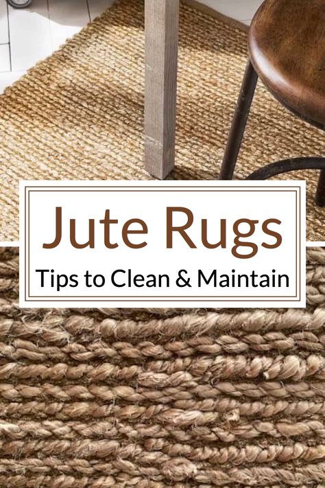 close up of jute fiber and under stool with text overlay jute rugs tips to clean and maintain Jute Rug Interior Design, Jute Rug Kitchen Runner, Jute Rug Living Room Farmhouse, Natural Fiber Rugs Living Room, Outdoor Jute Rug Patio, Natural Jute Rug Living Room, Jute Rug In Living Room, Jute Rug Cleaning, Jute Rug With Cowhide On Top