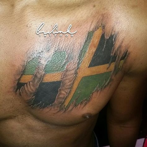 Jamaican Flag Tattoo Ideas, Tattoo Ideas For Men Arm, Jamaican Tattoos, Star Sleeve Tattoo, Jamaican Flag, Flag Tattoo, Tattoo Ideas For Men, Sleeve Tattoo, Chest Tattoo