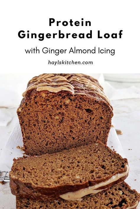 Healthy and low calorie Protein Gingerbread Loaf with a gingerbread almond glaze for extra Christmas flavor! High protein molasses bread has no oil, butter or sugar, but uses applesauce, protein powder and just the right amount of molasses. Low Calorie Gingerbread, Healthy Christmas Dessert Recipes, Protein Gingerbread, Healthy Christmas Desserts, Molasses Bread, Almond Glaze, Gingerbread Loaf, Unflavored Protein Powder, Low Calorie Protein