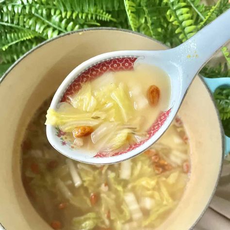 This easy and quick Chinese Cabbage Soup is a nutritious dish on the dinner table in 20 minutes (unlike other Asian soups which typically take forever to cook!) Moreover, you can get the ingredients at your regular store without having to go to the Asian market (just substitute the goji berries with carrots.) I also show you how to make a light version for a family dinner in summer and a heartier one for winter. How To Cook Chinese Cabbage, Korean Cabbage Soup, Chinese Cabbage Soup, Chinese Cabbage Soup Recipe, Cantonese Recipes, Asian Soups, Cabbage Soup Recipe, Pork Soup, Chicken And Cabbage