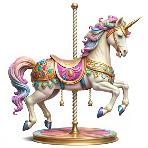 Detailed 3D Plastic Graphic of Whimsical Carousel Unicorn with Colorful Details and Glossy Finishes | Premium AI-generated image Carasoul Design, Carousel Horse Drawing, Carousel Unicorn, Circus Decor, Merry Go Round Carousel, Carousel Animals, Props Design, Circus Decorations, Unicorn Pictures