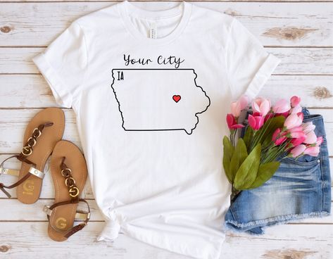 Heart Cursive, Military Green Shirt, Iowa Travel, Shirt Display, Small Town Girl, Home Town, Usa Shirt, Travel Gifts, Small Town