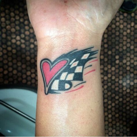 Racing heart tattoo checkered flag Dirt Track Racing Tattoos, Race Car Tattoo For Women, Race Car Tattoo Ideas, Car Racing Tattoo, Racing Tattoo Ideas, Checkered Flag Tattoo, Racing Couple, Poppy Tattoos, Side Tat