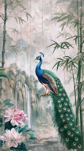 Immerse yourself in the enchanting beauty of vintage wallpaper depicting a lush jungle filled with vibrant peacocks and serene bamboo groves. This mural art style captures the essence of tropical rains in soft pastel colors, perfect for adding a touch of nature’s charm to any space. Elevate your home decor with this timeless piece! #VintageWallpaper #JungleArt #HomeDecor #Peacocks #TropicalVibes #MuralArt #InteriorDesign #PastelAesthetic Wallpaper With Peacocks, Peacock Background Wallpapers, Peacock Wallpaper Nature, Turquoise Peacock Wallpaper, Peacock Mural, Peacock Removable Wallpaper, Lush Jungle, Peacock Wallpaper, Soft Pastel Colors