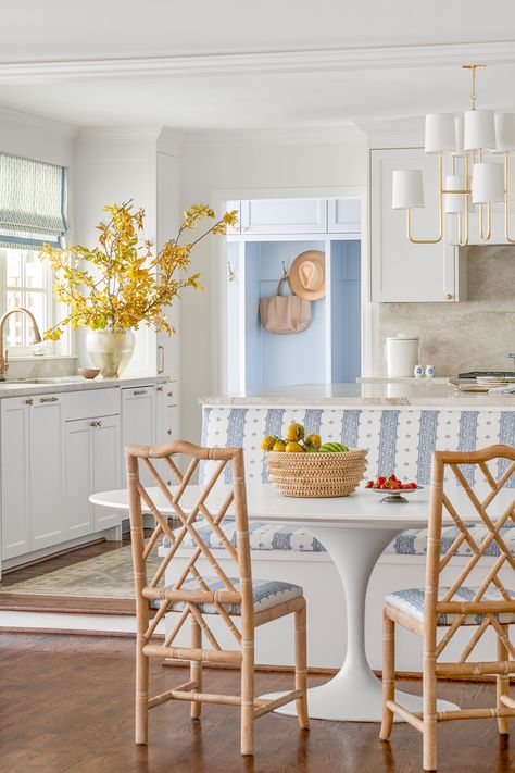 Kitchen Island Banquette, Katie Davis Design, Katie Davis, Saarinen Dining Table, Chippendale Chairs, Built In Banquette, Dining Table Light, Bamboo Chair, Contemporary Chandelier