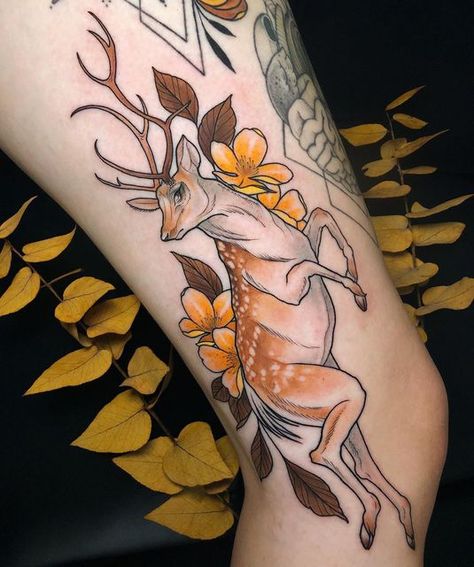 Botanical Tattoo Design, Deer Tattoo Designs, Animals Tattoos, Colorful Tattoos, Deer Tattoo, Chinese Tattoo, Forest Tattoos, Pieces Tattoo, Chest Piece Tattoos