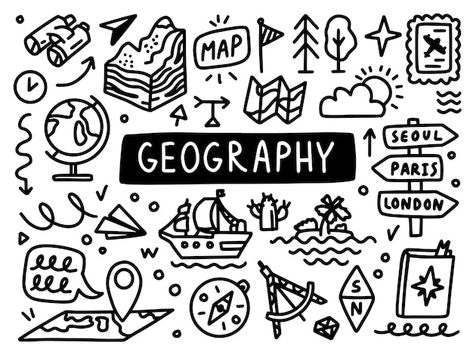 Geography Doodle Art, Social Studies Doodles, English Doodles School, Geography Book Cover Design, Geography Doodles, History Drawings Ideas, Geography Project Cover Page, Geography Cover Page Ideas, Geography Drawings