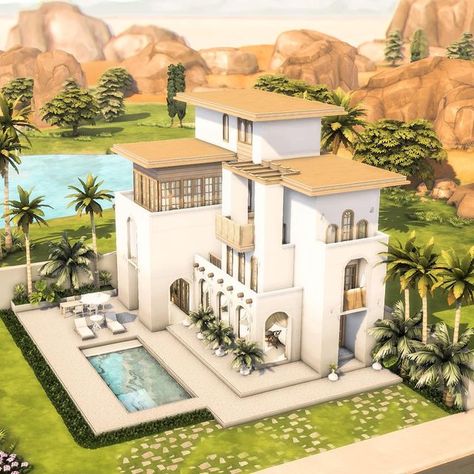 Sims 4 Modern Spanish House, Meditterean House Sims 4, Sims 4 Ultra Modern House, Sims Spanish Villa, Spanish Villa Sims 4, Sims Mediterranean House, Oasis Springs Sims 4 House, Sims 4 California House, Tartosa Builds Sims 4