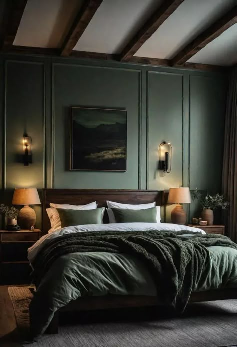 Green Bedroom Industrial, Jasper Green Sherwin Williams Bedroom, Dark Green Accent Wall Bedroom Black Furniture, Bedroom Moody Green, Men Green Bedroom, Modern Olive Green Bedroom, Dark Green Bedroom Ceiling, Black Green And Wood Bedroom, Bedroom With Olive Green Accents