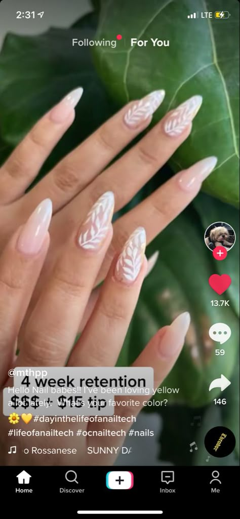 White Nails With Designs Wedding, Nails White Wedding, Wedding Nails For Bride Greenery, Wedding 2023 Nails, Engagement Manicure Ideas, Wedding Nail Ideas For The Bride Almond, Wedding Nails With Leaf Design, Boho Bridal Nails Brides, Bohemian Wedding Nails