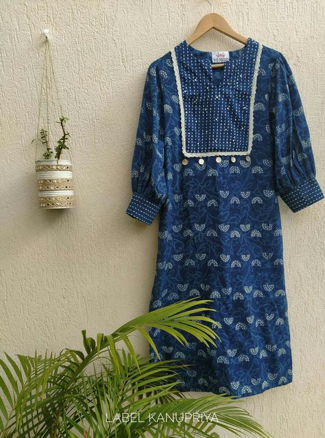 Denim Kurti, Indigo Block Print, Indowestern Dresses, Indowestern Dress, Cotton Suit Designs, Indian Kurti Designs, Kurti Sleeves Design, Stylish Tunic, Collar Fashion