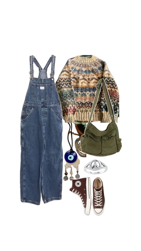 overall outfit #outfitinspo #vintage #nature #hippy #hippyaesthetic #witch #witchoutfit #witchyoutfit #potteryoutfit #overalls #rings #hippyring #hippybag #sweater Hippie Overalls, Hippy Aesthetic, Overalls And Sweater, Overall Outfit, Overalls Outfit, Witch Outfit, Vintage Nature, New Outfits, Sweater Outfits