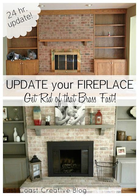 Brass Fireplace Update | East Coast Creative Shaker Fireplace, White Brick Fireplace, Fireplace Redo, Fireplace Update, Fireplace Shelves, Brick Fireplace Makeover, White Wash Brick, White Fireplace, Fireplace Remodel