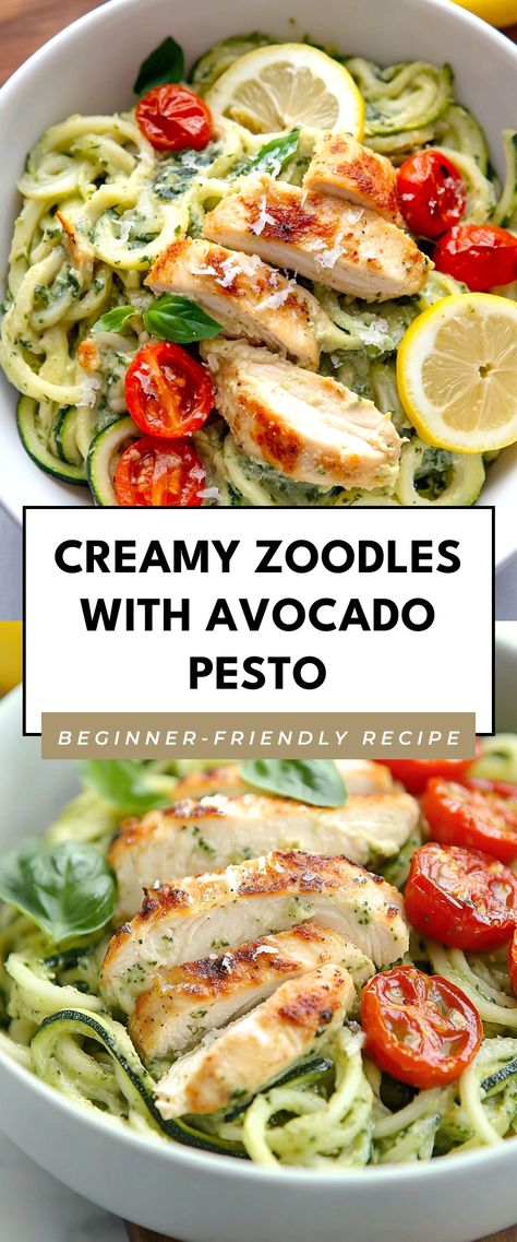 Image for Creamy Zoodles with Avocado Pesto Zoodle Recipes Healthy, Vegan Zoodles, Zoodle Recipe, Avocado Pesto Recipe, Zoodles With Chicken, Weight Watchers Meals Dinner, Night In With Friends, Dairy Free Recipes Dinner, Light Lunches